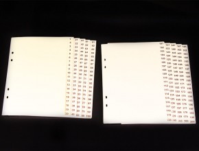 Vitt A5 pärmregister i PVC 0,14mm med svart pagineringstryck. Flikar: 1-200. Triohålat.