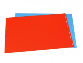 Liggande A3 kartongregister Colorit blå 225g och plastregister PVC röd 0,20mm med universalhålning respektive 3x80.