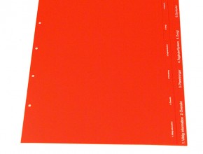 Rött A3 register i PVC 0,20mm med vitt pagineringstryck, 6 flikar, för Insatsplanspärmar, hålning 3x80.